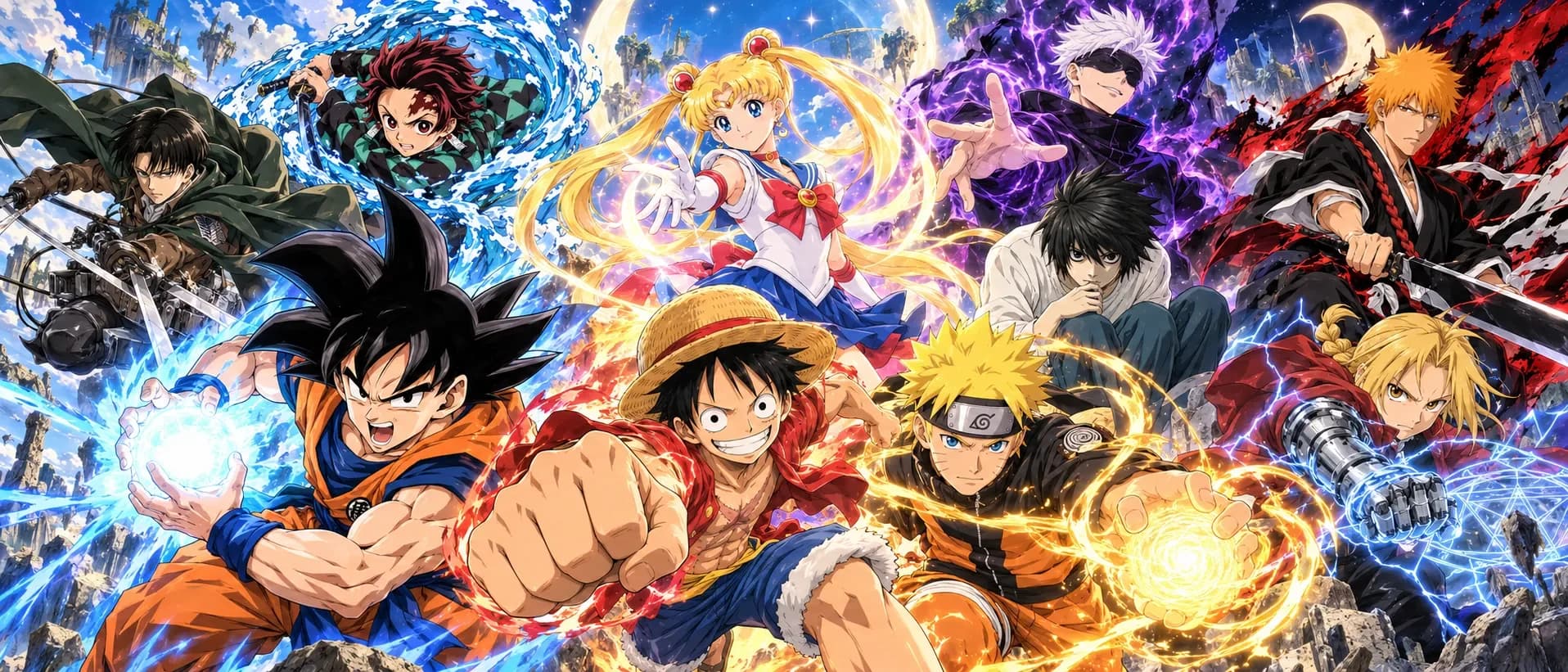 Goku, Luffy, Naruto, Sailor Moon, Gojo, Ichigo, Edward, L, Levi and Tanjiro charging out of one poster